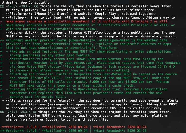 git show b4a8706: the constitution diff from 1.3.0 to 1.4.0 adding the Open-Meteo terms
