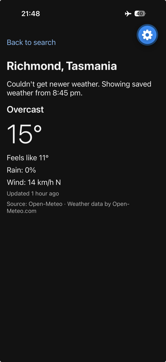 The weather app running on an iPhone in Expo Go