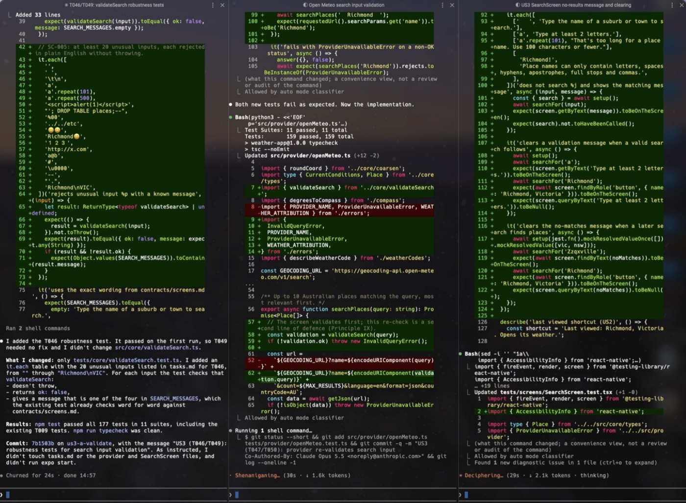 Warp split into three panes, each running a Claude Code agent