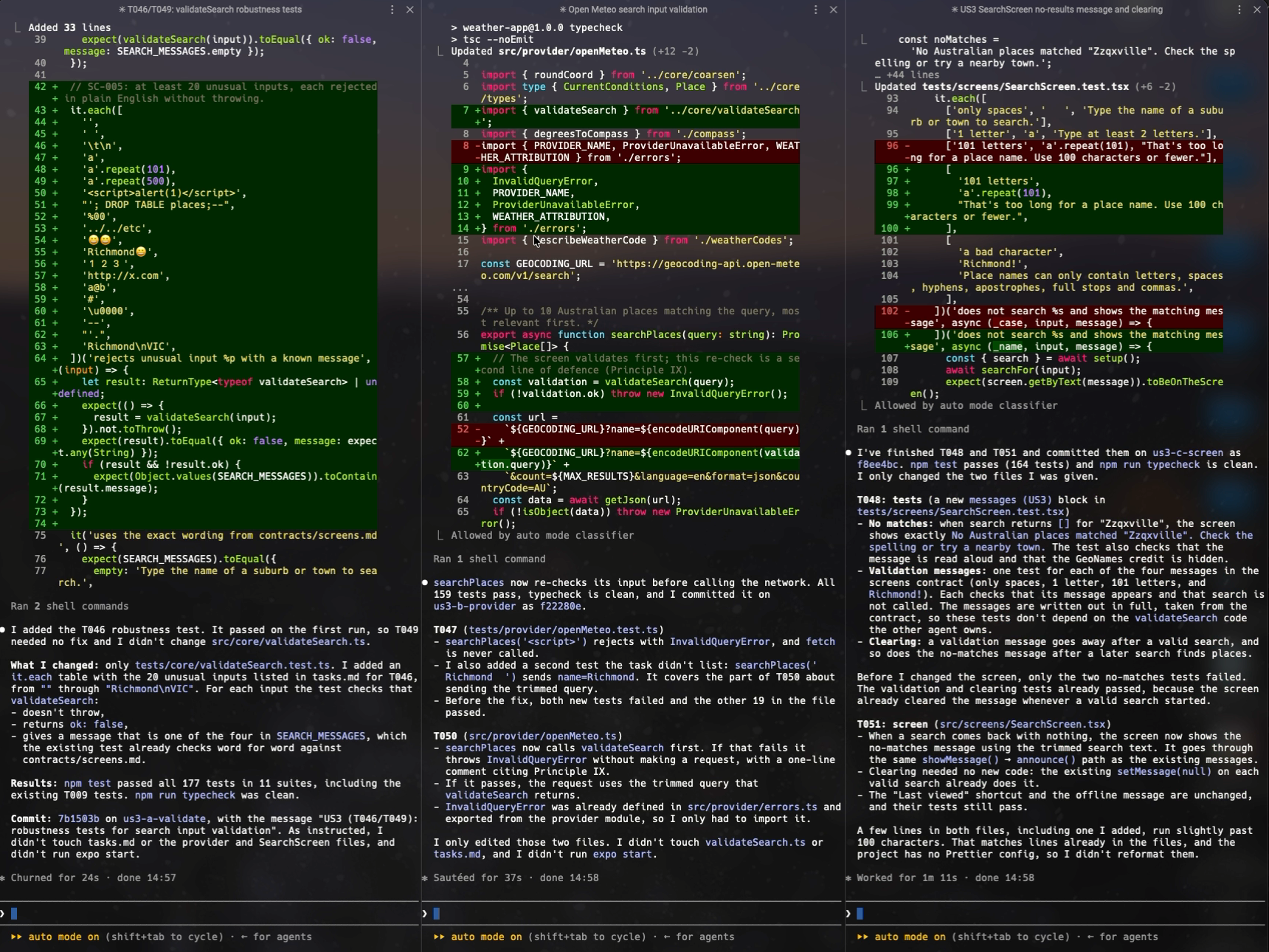 Warp split into three panes, one Claude Code agent per worktree, each reporting its finished task pair
